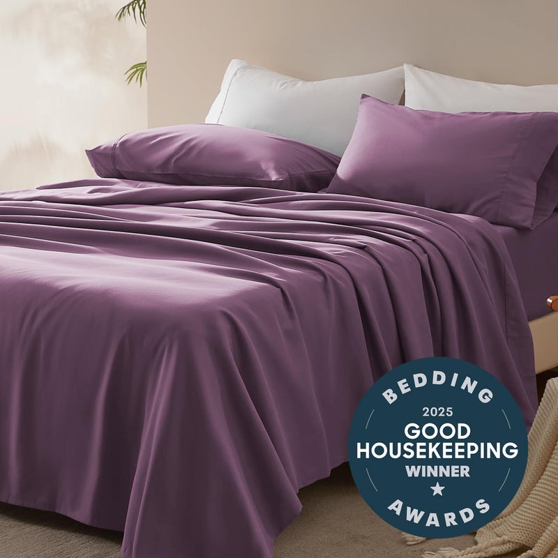 SLEEP ZONE Nanotex Super Soft Cooling Full Size Bed Sheets Set 4 Piece - Easy Care Fitted Flat Sheet & Pillowcase Sets - Wrinkle Free, Fade Resistant, Deep Pocket 16" (Purple, Full) - Image 2